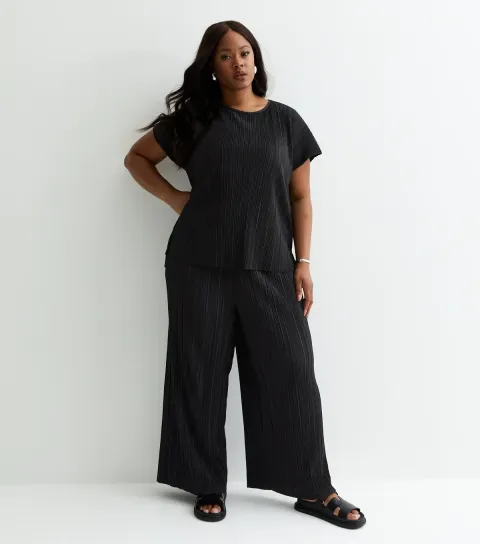 Women's Plus Size Black Plissé Wide Leg Trousers Curves