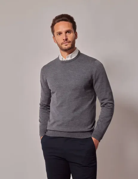 Hawes & Curtis Pure Merino Wool Textured Crew Neck Jumper Grey