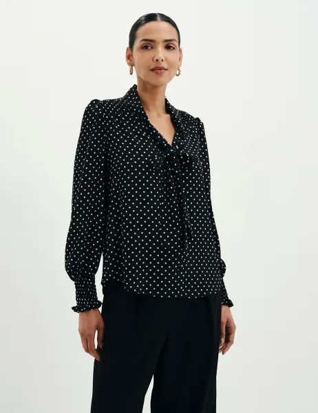 Finery London Polka Dot Tie Neck Button Through Blouse Black Mix