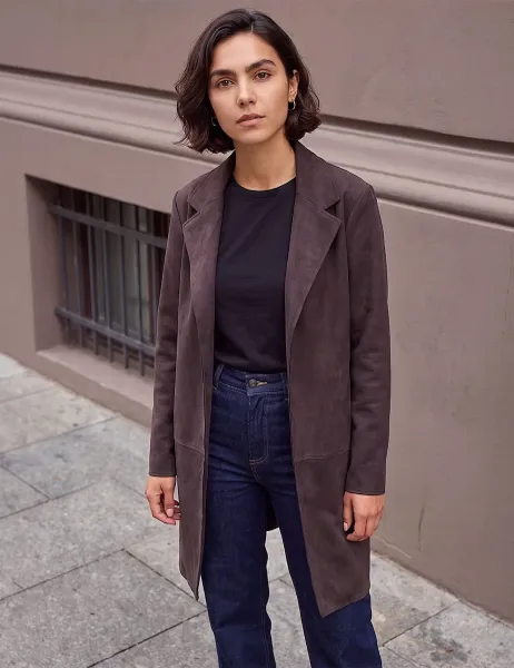 Roman Suedette Revere Collar Longline Jacket Chocolate