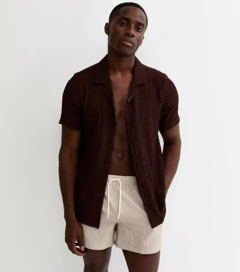 Men's Brown Striped Seersucker Drawstring Swim Shorts