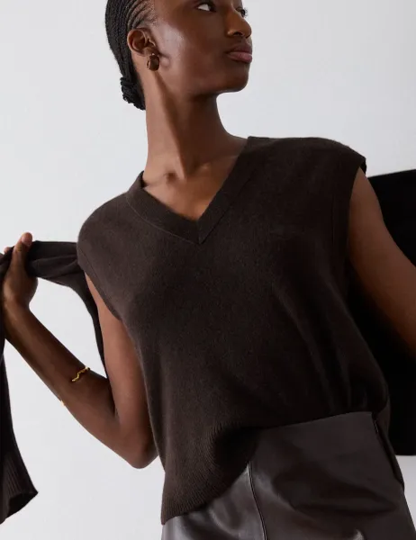 Whistles Pure Cashmere Knitted Vest Brown