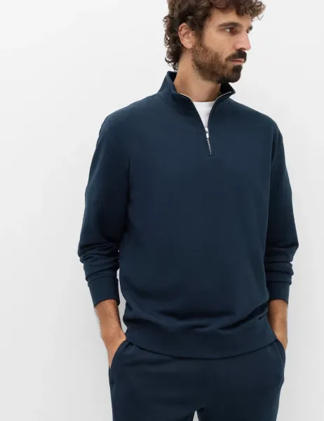 Marks & Spencer Cotton Rich Loopback Half Zip Sweatshirt Navy