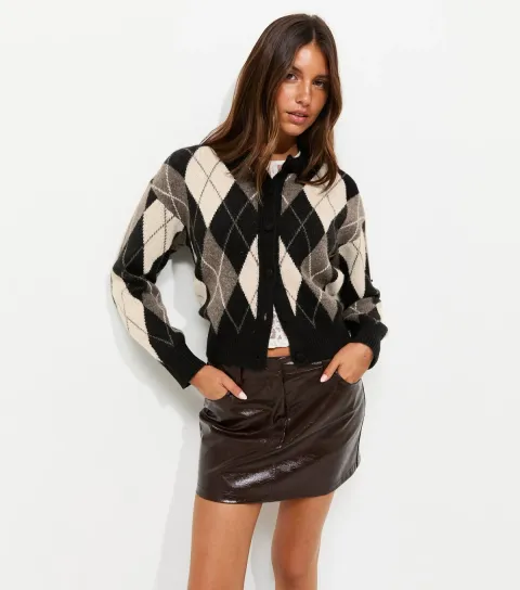 Women's Brown Argyle Crew Neck Cardigan