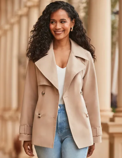 SOSANDAR Belted Double Breasted Short Trench-Style Coat Stone