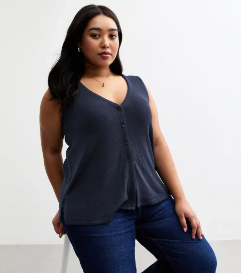 Women's Plus Size Navy Button Through Knit Vest Curves