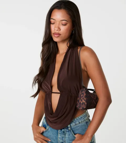 Pink Vanilla Women's Dark Brown Halter Drape Front Tie Back Top