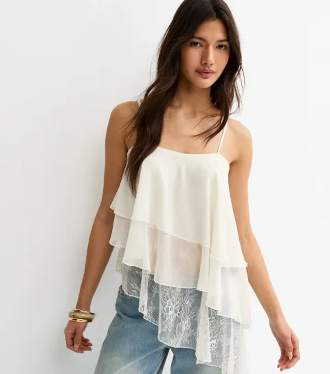Women's Off White Lace Asymmetric Tiered Cami Top