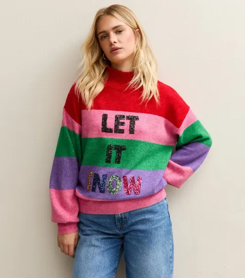 Women's Petite Multicolour Striped Let It Snow Jumper