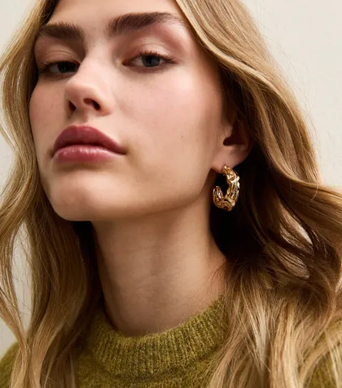 Gold Tone Chunky Beaten Hoop Earrings
