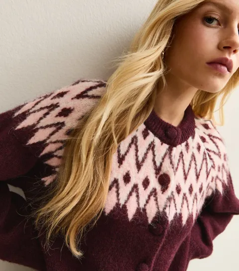 New Look Women's Red Fairisle Crew Neck Cardigan