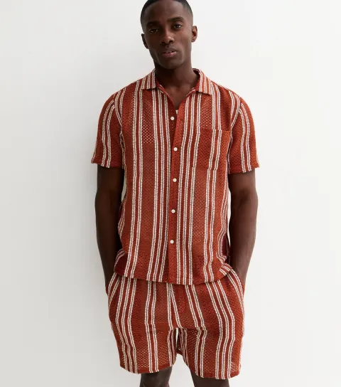Men's Red Regular Striped Textured Knit Shirt
