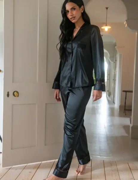 Pour Moi Dusk Satin and Lace Revere Collar Pyjama Set Black