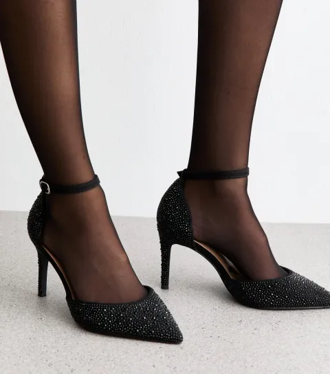 Women's Extra Wide Fit Black Embellished Court Shoes Vegan