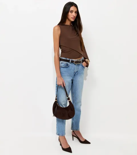 Women's Dark Brown Jersey One Shoulder Cape Sleeve Top