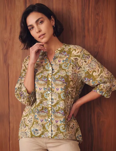 Roman Floral Print V Neck Blouse Green Mix