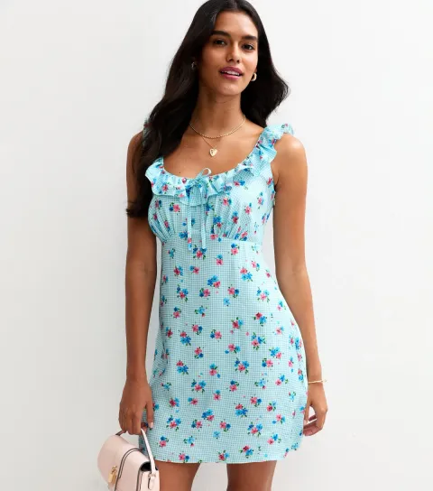 Women's Blue Gingham Check Floral Print Ruffled Mini Dress