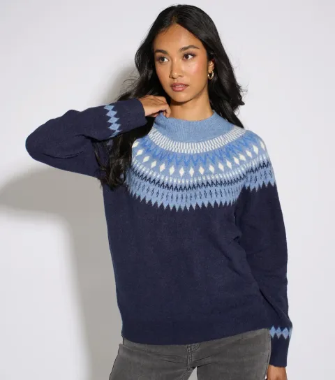 Gini London Women's Blue Fair Isle Knitted Jumper