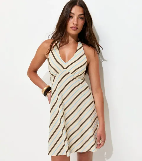 Women's White Striped Halter Neck Mini Dress