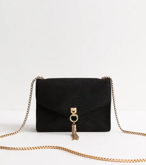 Black Faux Suede Snakeskin Embossed Tassel Charm Crossbody Bag