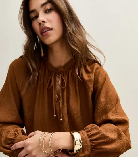 Women's Brown Tie Neck Long Sleeve Blouse