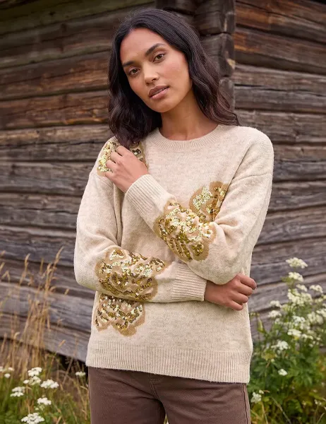Roman Floral Sequin Jumper Beige Mix