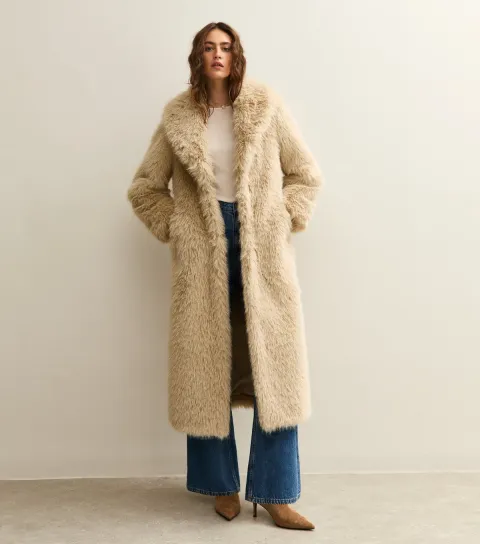 Women's Stone Faux Fur Longline Coat