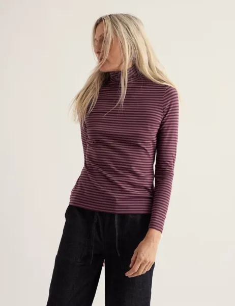 Seasalt Cornwall Cotton Rich Striped Roll Neck Top Purple Mix