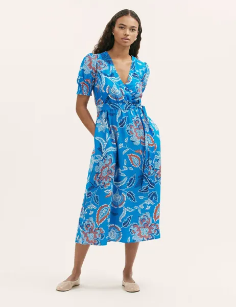 Finery London Floral V-Neck Tie Waist Midi Wrap Dress Blue Mix