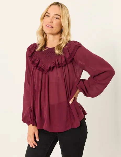 FatFace Frill Detail Blouse Dark Purple