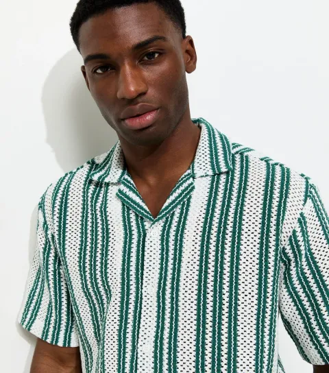 Men's Green Relaxed Crochet Short Sleeve Shirt