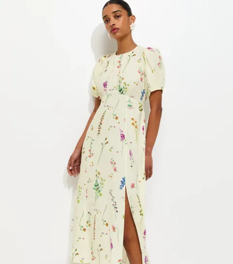 Women's Cream Botanical Floral Print Midi Dress