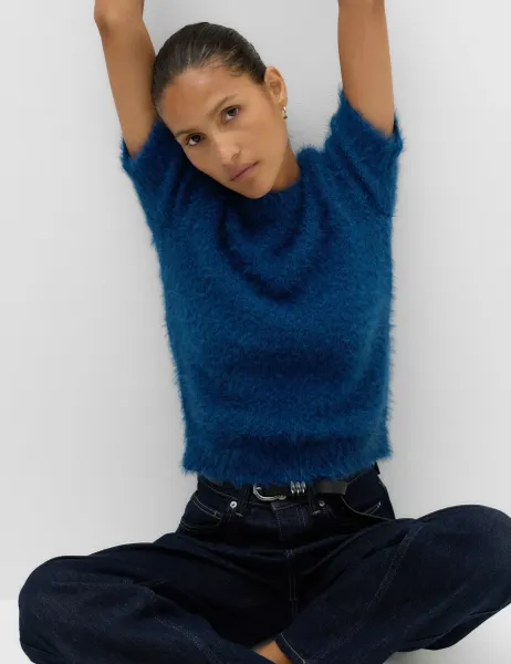 Marks & Spencer Textured Crew Neck Slim Fit Knitted Top Dark Petrol