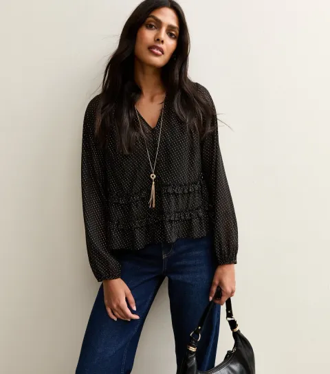 Women's Black Gold Pattern Long Sleeve Blouse