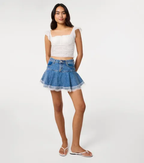 Women's Blue Lace Trim Denim Mini Skirt