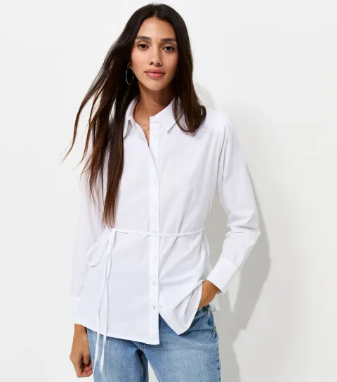 Women's White Cotton Tie Waist Longline Shirt