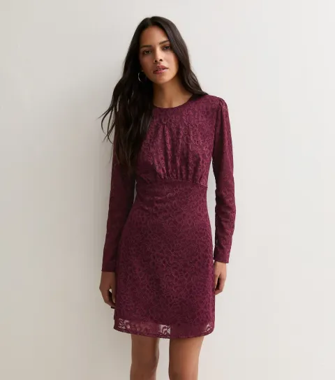 New Look Women's Burgundy Lace Long Sleeve Mini Dress