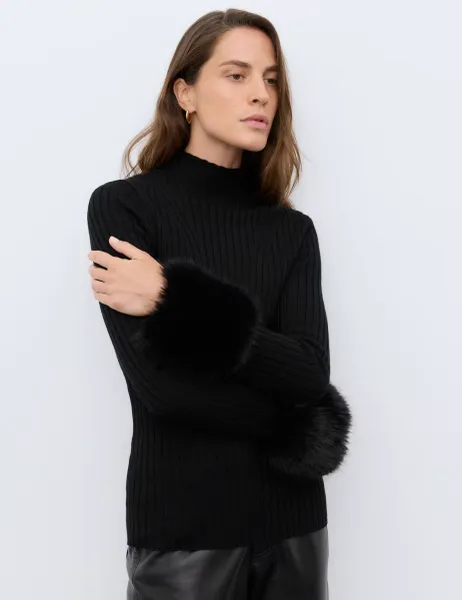 Autograph Pure Merino Wool Ribbed High Neck Fur Trim Jumper Black