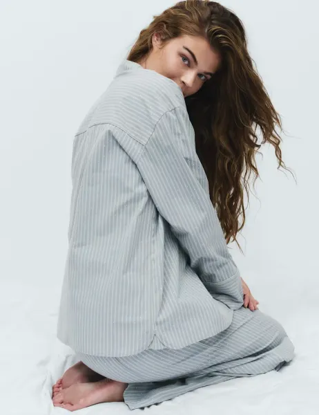 Marks & Spencer Pure Cotton Embellished Pyjama Shirt Blue Mix