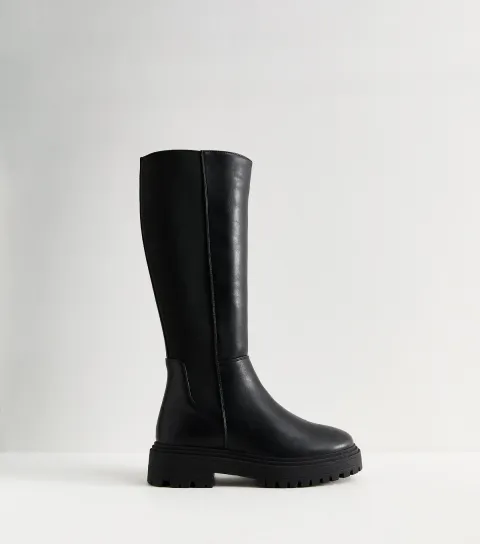 Women's Wide Fit Black Faux Leather Knee High Boots Vegan