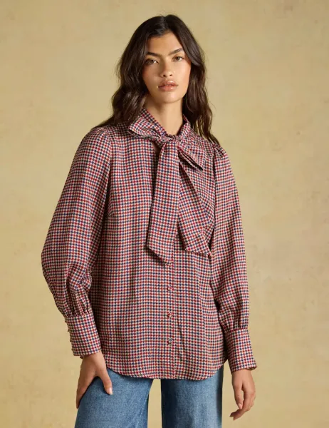 Joules Lyocell Checked Tie Neck Blouse