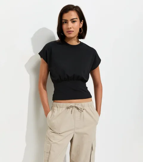Women's Black Cotton Rich Wide Waistband T-Shirt