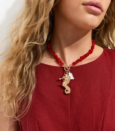 Red Beaded Seahorse Pendant Necklace