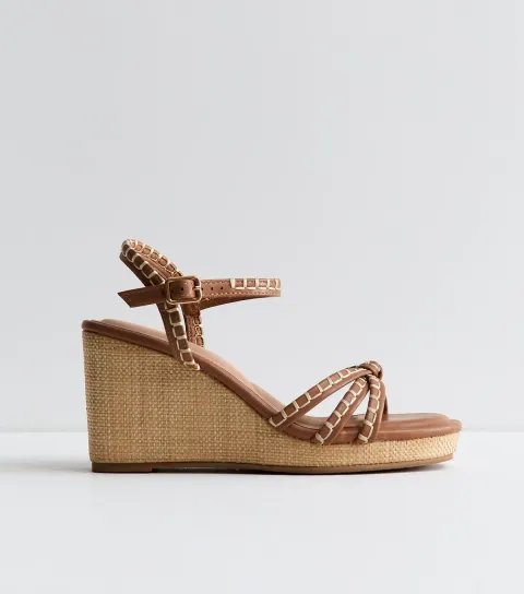Women's Tan Faux Leather Whipstitch Trim Wedge Sandals Vegan