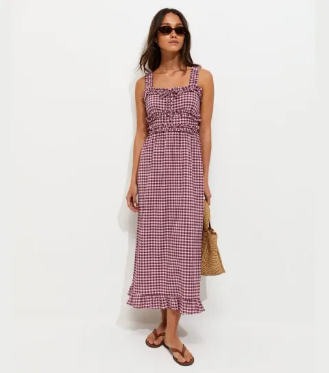 Women's Pink Crinkle Texture Frill Trim Gingham Midi Dress