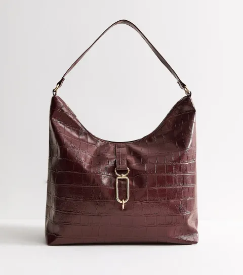 Dark Burgundy Faux Leather Crocodile Embossed Hobo Shoulder Bag