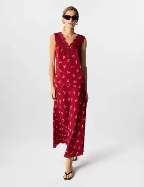 Whistles Floral Midi A-Line Skirt Burgundy Mix