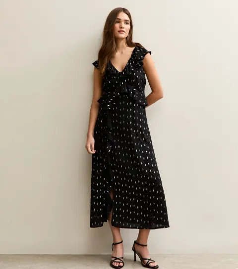 New Look Women's Black Gold Fleck Frill Midi Dress