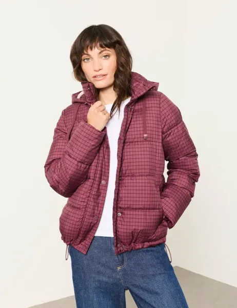 FatFace Checked Hooded Puffer Jacket Purple Mix
