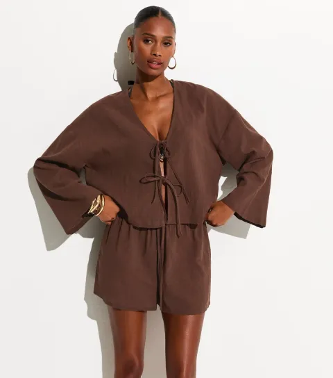 Women's Brown Cotton Slub Tie Front Beach Shirt